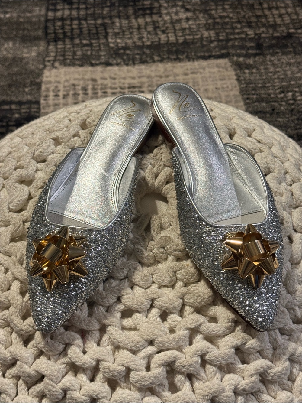 ANTONIO MELANI Silver Glitter Pointed Mules with Gold Bow Accent